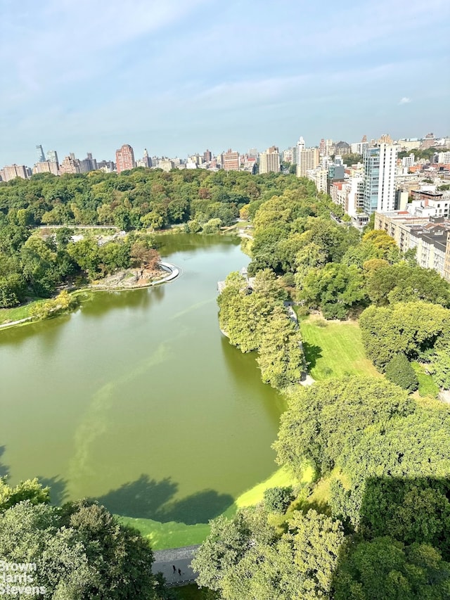 bird's eye view featuring a view of city and a water view