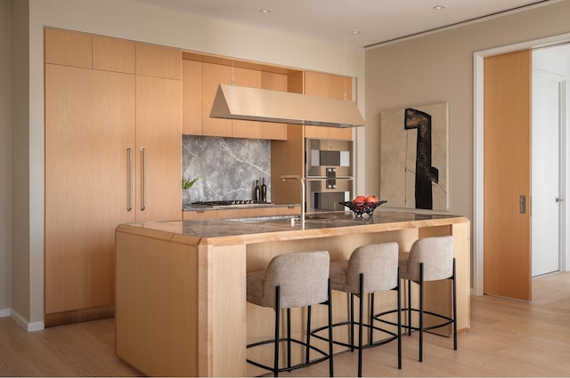 kitchen featuring light wood finished floors, tasteful backsplash, an island with sink, stainless steel appliances, and ventilation hood