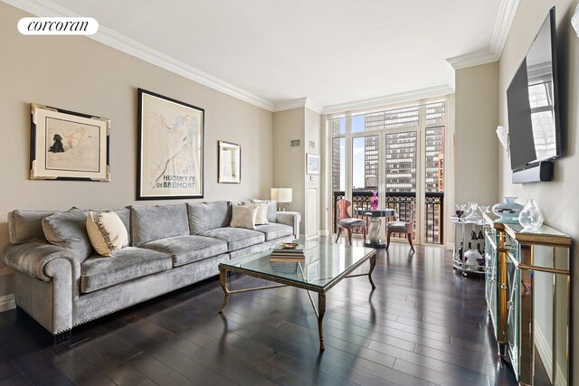 living room featuring crown molding, dark wood-type flooring, and expansive windows