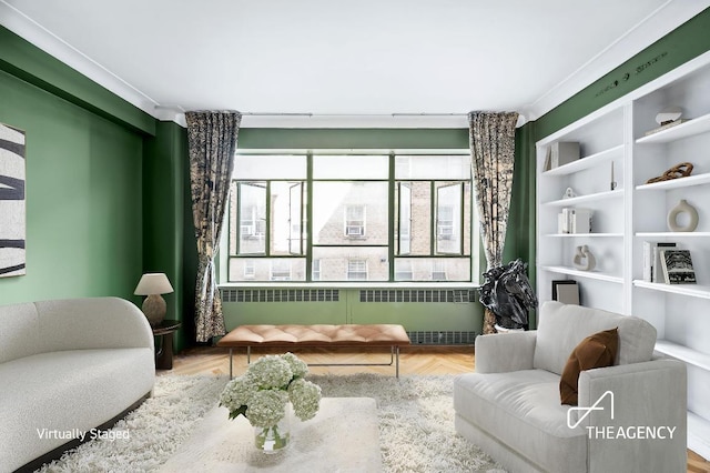 living area featuring radiator and parquet floors