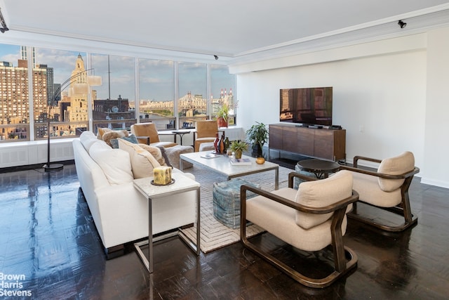 living room featuring dark hardwood / wood-style flooring, expansive windows, and crown molding