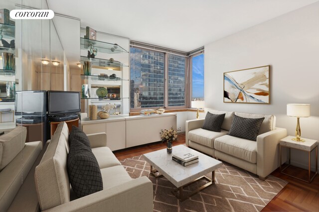 living room featuring dark parquet floors