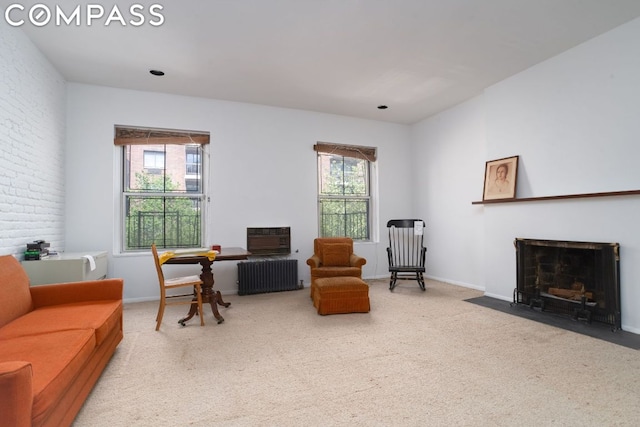 sitting room featuring carpet floors and radiator heating unit