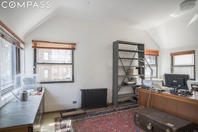 office space with lofted ceiling, radiator, and plenty of natural light