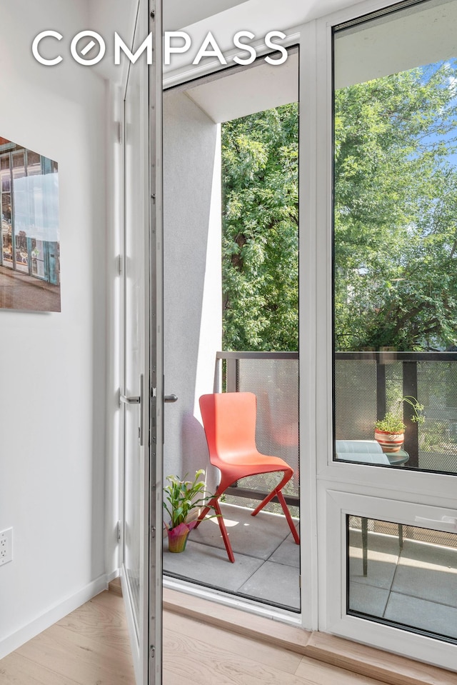 doorway featuring baseboards and wood finished floors