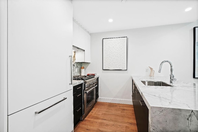 kitchen with sink, white cabinetry, light hardwood / wood-style flooring, premium appliances, and light stone counters