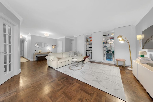 living room with parquet floors and ornamental molding