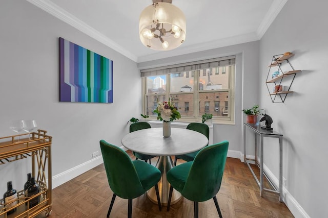 dining space with an inviting chandelier, parquet floors, and ornamental molding