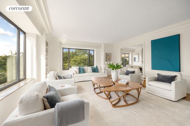 living area featuring visible vents and crown molding