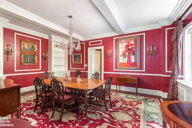 dining room featuring beamed ceiling, ornamental molding, a notable chandelier, and built in shelves