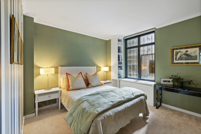 bedroom with light colored carpet and ornamental molding