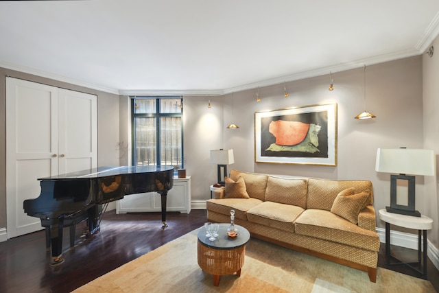 living room featuring crown molding and hardwood / wood-style flooring