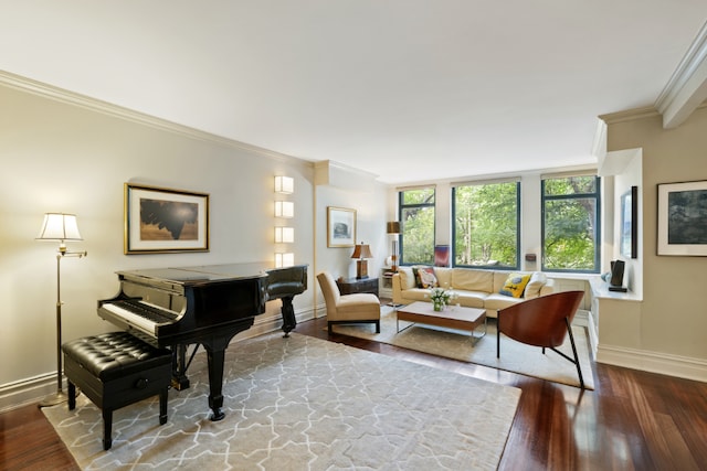 living room featuring ornamental molding and hardwood / wood-style floors