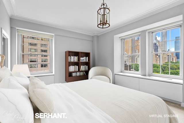 2 E 61st St Unit 1001/1003, New York City, NY 10021 - carpeted bedroom featuring crown molding and a view of city