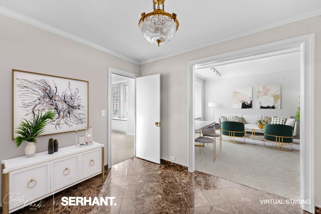 2 E 61st St Unit 1001/1003, New York City, NY 10021 - hallway featuring crown molding, baseboards, and marble finish floors