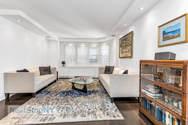 living room with dark hardwood / wood-style floors