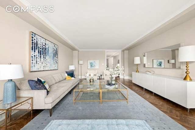 living room featuring ornamental molding and dark parquet floors