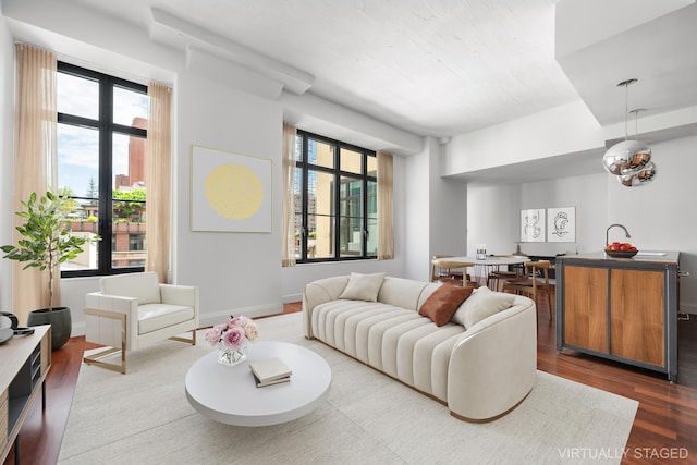 living area featuring a wealth of natural light, baseboards, and dark wood-style floors