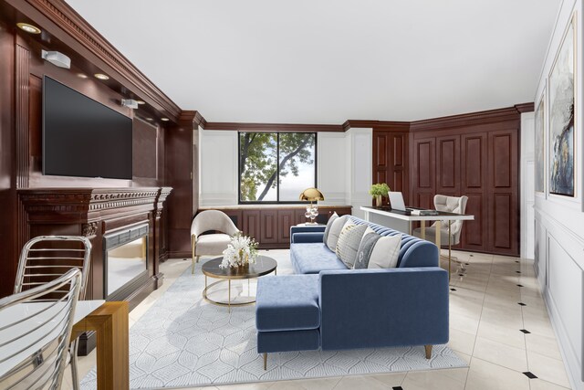 living room featuring light tile patterned floors, crown molding, and a decorative wall