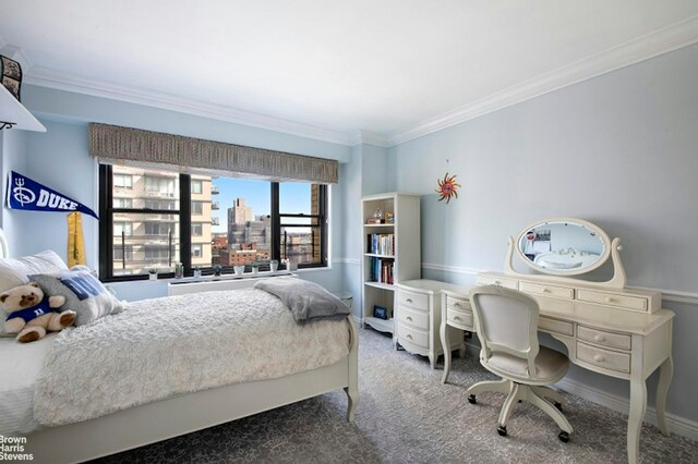 bedroom with light colored carpet and ornamental molding