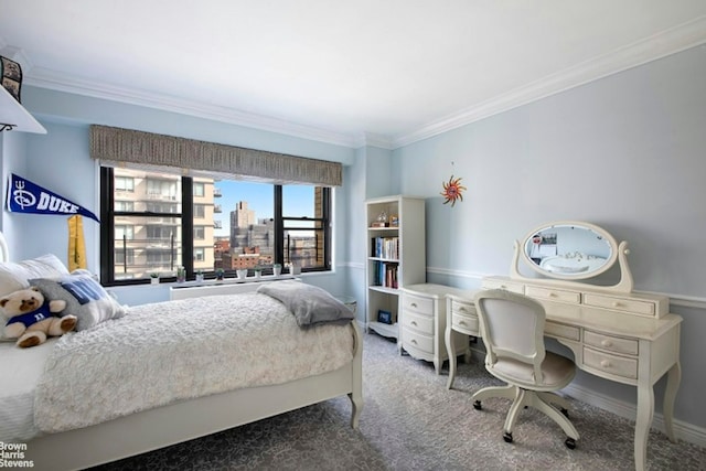 carpeted bedroom with crown molding