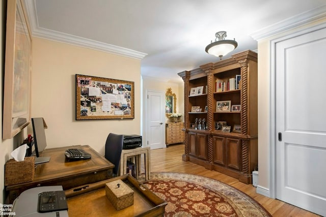 office space with crown molding and light hardwood / wood-style flooring