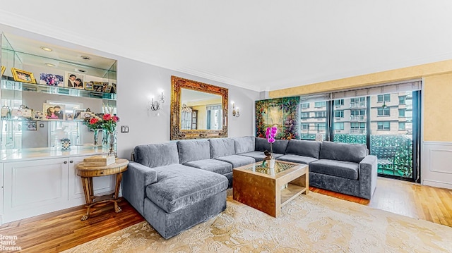 345 E 80th St Unit 19Ef, New York City, NY 10028 - living area featuring wood finished floors, ornamental molding, and wainscoting