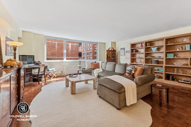 living room with parquet floors