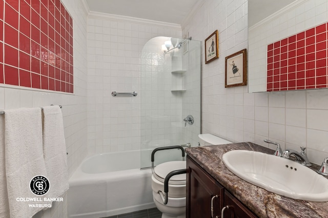 bathroom with toilet, shower / bath combination, vanity, tile walls, and crown molding