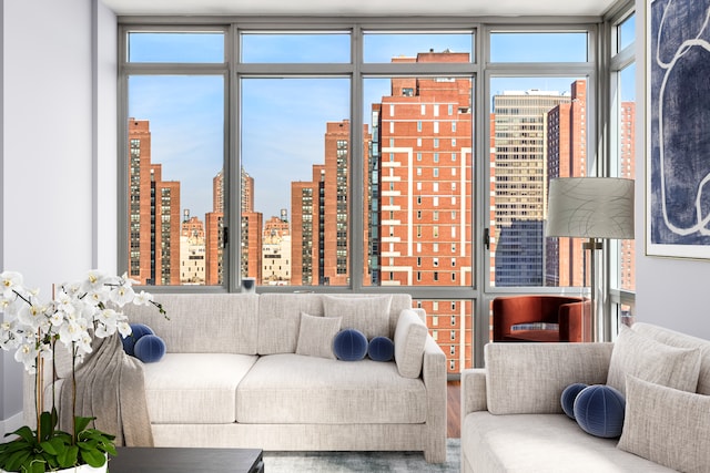 living area featuring a wealth of natural light and a city view