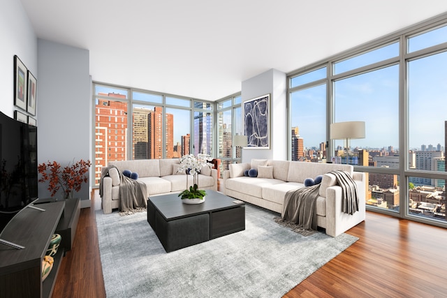 living room with a wall of windows, a city view, and wood finished floors