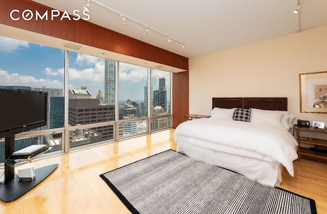 bedroom featuring track lighting, access to exterior, and hardwood / wood-style floors