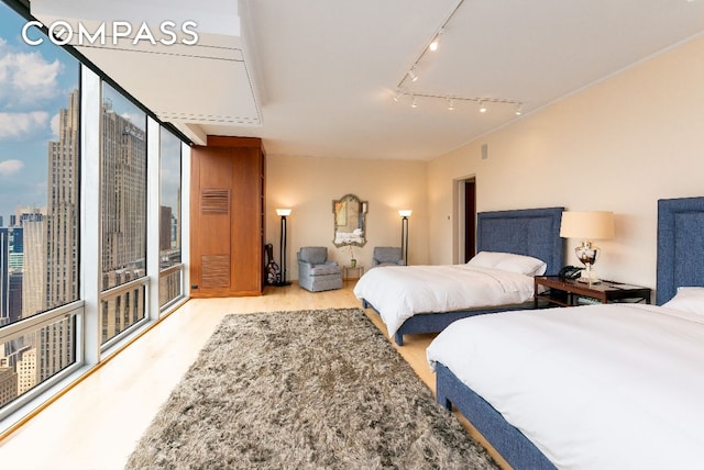 bedroom with light hardwood / wood-style flooring, floor to ceiling windows, and track lighting