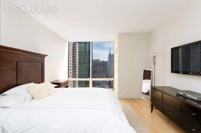 bedroom featuring floor to ceiling windows and light hardwood / wood-style flooring