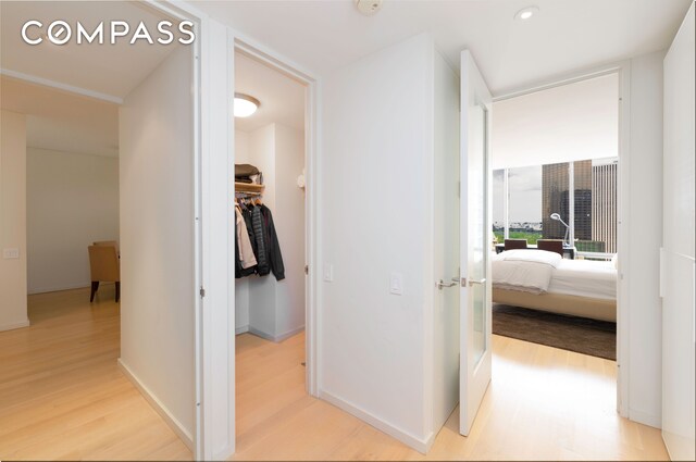 living room featuring track lighting, a wall of windows, and light hardwood / wood-style floors