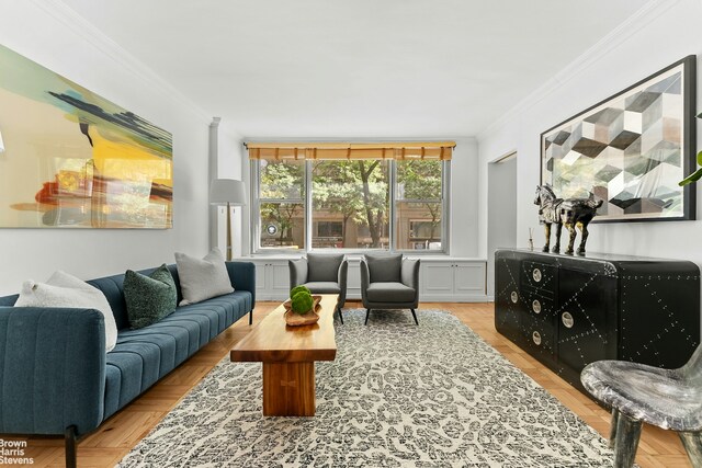 living room with crown molding