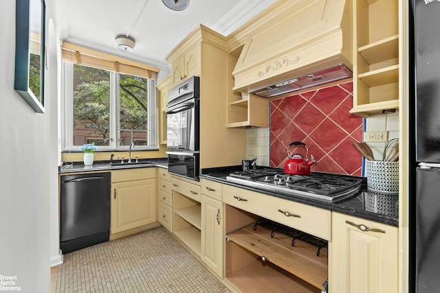 kitchen featuring a warming drawer, custom exhaust hood, open shelves, dark countertops, and black appliances