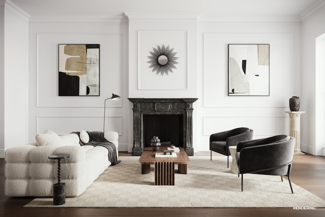 sitting room featuring wood finished floors, a fireplace, crown molding, and a decorative wall