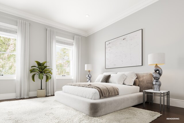 26 Washington Sq N, New York City, NY 10011 - bedroom featuring ornamental molding, multiple windows, baseboards, and dark wood-type flooring