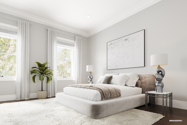 bedroom featuring baseboards, multiple windows, dark wood-style floors, and crown molding