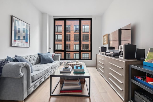 living room with floor to ceiling windows and light wood-type flooring