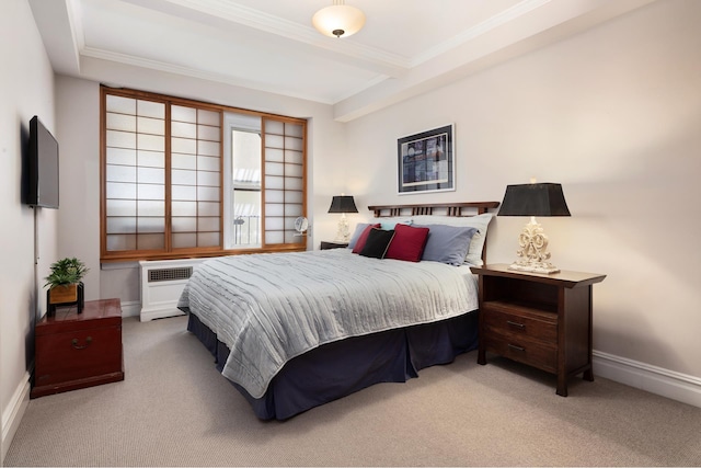 bedroom featuring radiator, carpet, baseboards, and crown molding