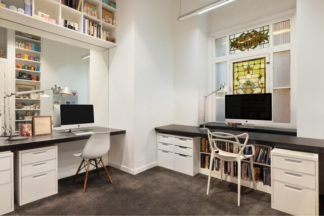 829 Park Ave Unit 1C, New York City, NY 10021 - office with built in study area, dark colored carpet, and a towering ceiling