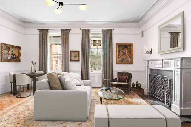 living room with ornamental molding