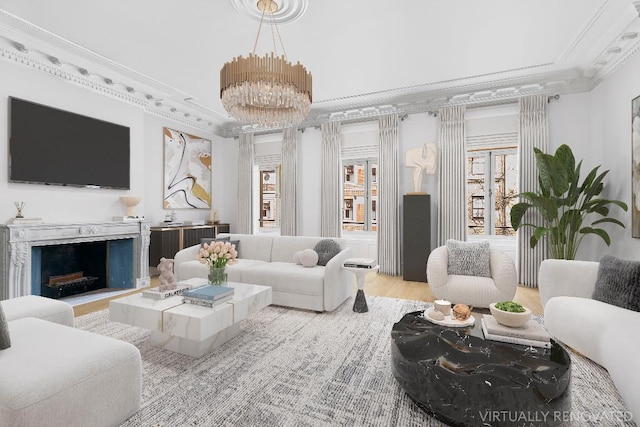 living room with hardwood / wood-style flooring, ornamental molding, and an inviting chandelier