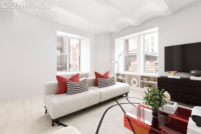 living room featuring a wealth of natural light and hardwood / wood-style flooring