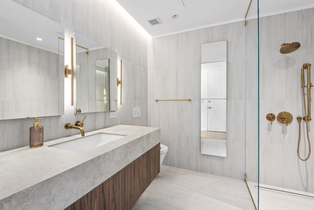 full bath with a walk in shower, visible vents, and tile walls