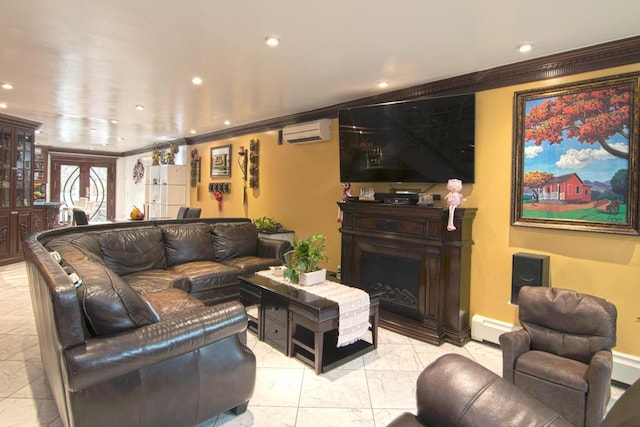 living room with an AC wall unit, ornamental molding, baseboard heating, and a fireplace