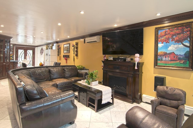 living area with a fireplace, a baseboard heating unit, a wall mounted AC, and ornamental molding