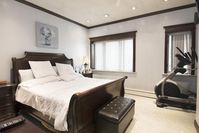 bedroom featuring a baseboard radiator, recessed lighting, baseboards, light floors, and crown molding